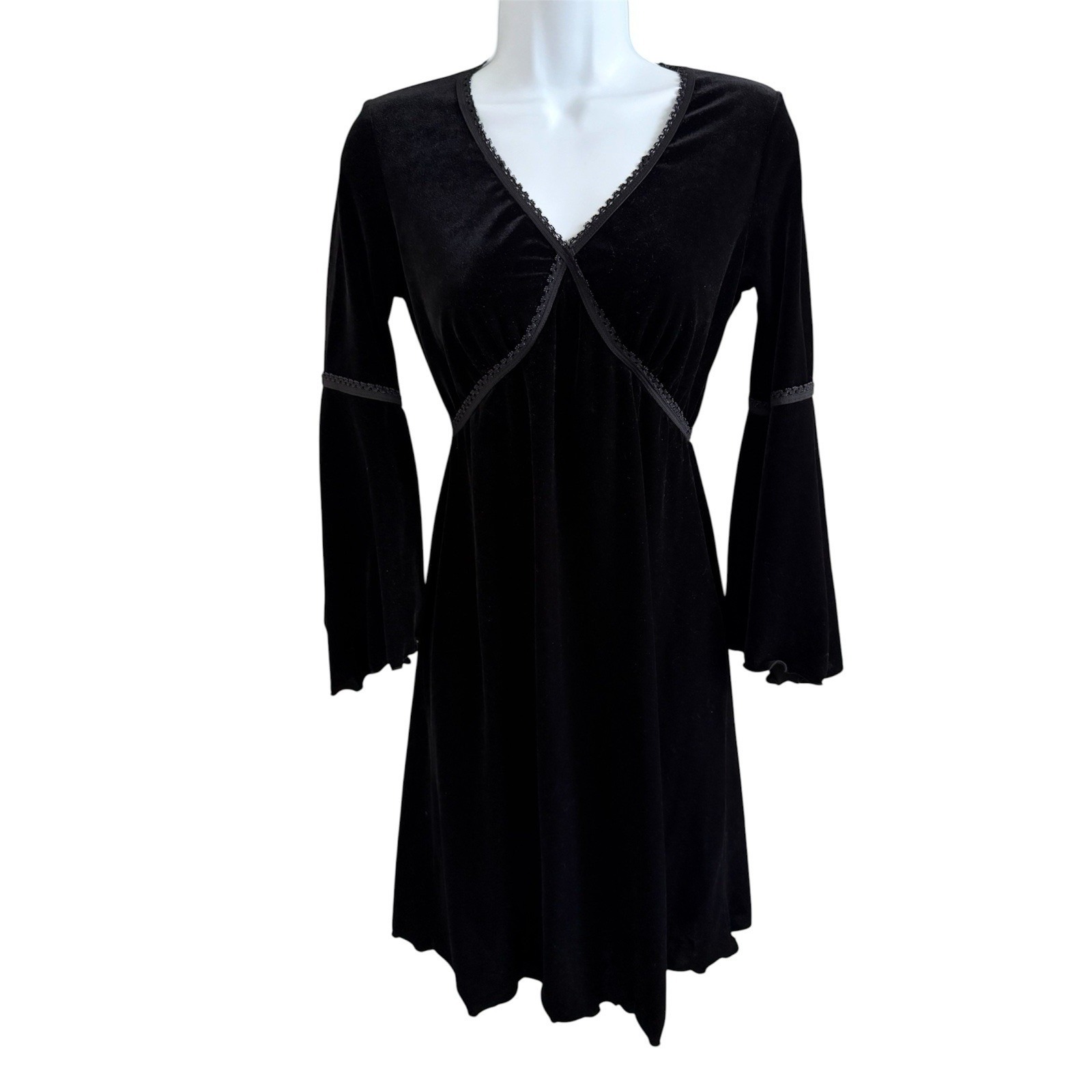 Vintage Y2k Black Velvet Mini Dress Womens Xs Whimsigoth Dark Fairy Gothic Witch